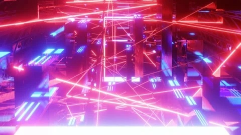 Hi-tech neon sci-fi tunel. Trendy neon glow lines form pattern and construction Stock Footage 197577067