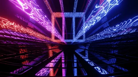Hi-tech neon sci-fi tunel. Trendy neon glow lines form pattern and construction Stock Footage 198068457