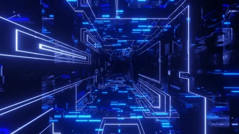 Hi-tech neon sci-fi tunel. Trendy neon glow lines form pattern and construction Stock Footage 200030121