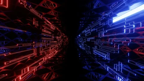 Hi-tech neon sci-fi tunel. Trendy neon glow lines form pattern and construction Stock Footage 201385214