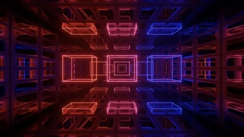 Hi-tech neon sci-fi tunel. Trendy neon glow lines form pattern and construction Stock Footage 202226543