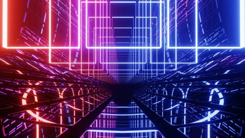 Hi-tech neon sci-fi tunel. Trendy neon glow lines form pattern and construction Stock Footage 205096109