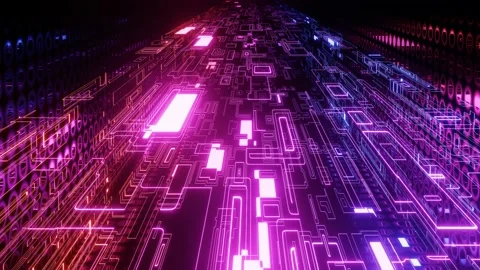 Hi-tech neon sci-fi tunel. Trendy neon glow lines form pattern and construction Stock Footage 206181104