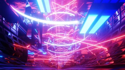 Hi-tech neon sci-fi tunel. Trendy neon glow lines form pattern and construction Stock Footage 210033948