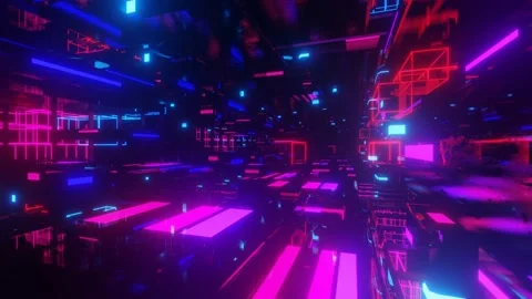 Hi-tech neon sci-fi tunel. Trendy neon glow lines form pattern and construction Stock Footage 219966426