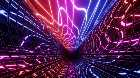 Hi-tech neon sci-fi tunel. Trendy neon glow lines form pattern and construction Stock Footage 219966983