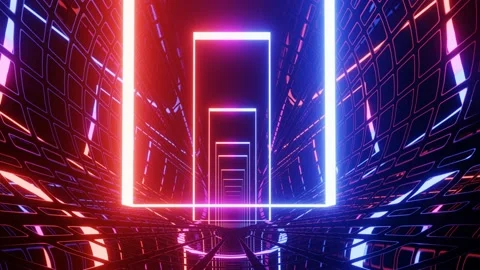 Hi-tech neon sci-fi tunel. Trendy neon glow lines form pattern and construction Stock Footage 225978435