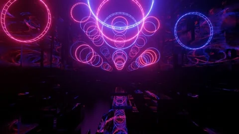 Hi-tech neon sci-fi tunel. Trendy neon glow lines form pattern and construction Stock Footage 228652376