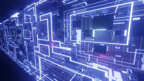Hi-tech neon sci-fi tunel. Trendy neon glow lines form pattern and construction Stock Footage 237639755