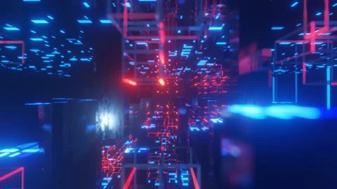 Hi-tech neon sci-fi tunel. Trendy neon glow lines form pattern and construction Stock Footage 238403196