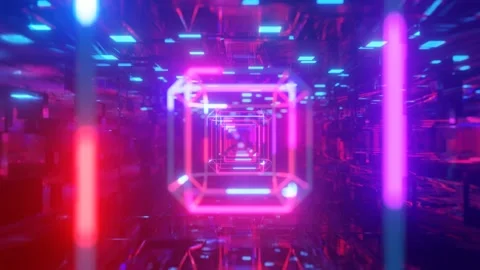 Hi-tech neon sci-fi tunel. Trendy neon glow lines form pattern and construction Stock Footage 240247619