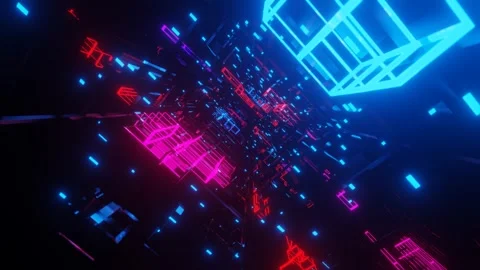 Hi-tech neon sci-fi tunel. Trendy neon glow lines form pattern and construction Stock Footage 240875676
