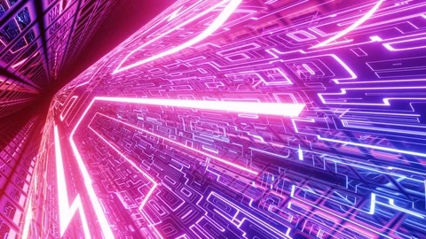 Hi-tech neon sci-fi tunel. Trendy neon glow lines form pattern and construction Stock Footage 240875783