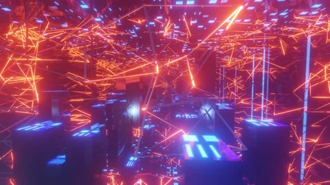 Hi-tech neon sci-fi tunel. Trendy neon glow lines form pattern and construction Stock Footage 242626676