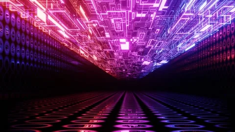 Hi-tech neon sci-fi tunel. Trendy neon glow lines form pattern and construction Stock Footage 243222387