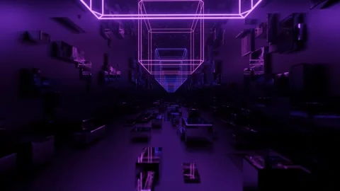 Hi-tech neon sci-fi tunel. Trendy neon glow lines form pattern and construction Stock Footage 243223808