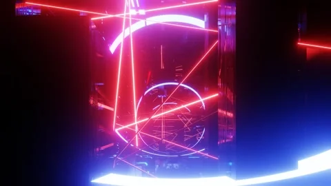 Hi-tech neon sci-fi tunel. Trendy neon glow lines form pattern and construction Stock Footage 243768668