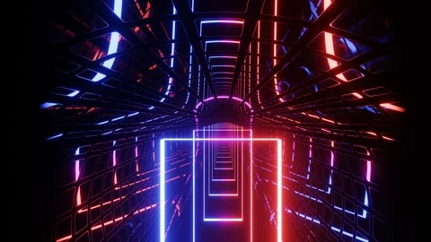 Hi-tech neon sci-fi tunel. Trendy neon glow lines form pattern and construction Stock Footage 244347229