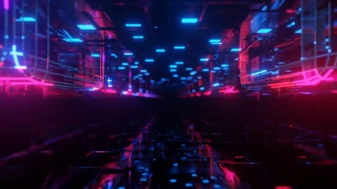 Hi-tech neon sci-fi tunel. Trendy neon glow lines form pattern and construction Stock Footage 280461931