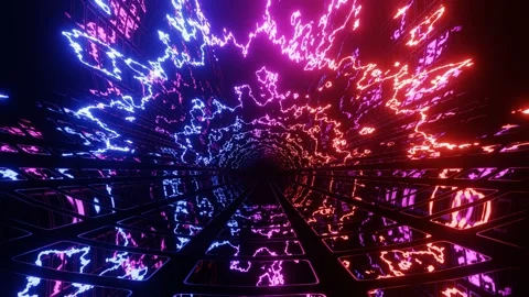 Hi-tech neon sci-fi tunel. Trendy neon glow lines form pattern and construction Stock Footage 281350718