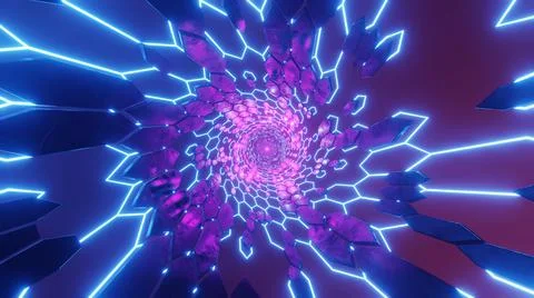 Hi-tech neon sci-fi tunnel. Hexagonal neon glowing lines form a tunnel. Fly t Stock Illustration