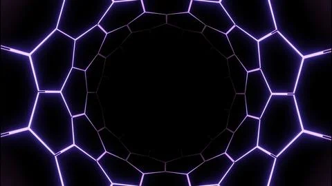 Hi-tech neon sci-fi tunnel with neon hexagonal lines. Design. Fly through Stock Illustration