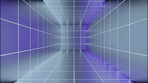 Hi-tech neon sci-fi tunnel with neon glowing squared walls and lines. Design Stock Illustration