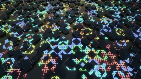 Hi tech pattern on plane surface, neon glow, complex elements and structure. 3d Stock Footage 196629565
