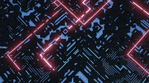 Hi tech pattern on plane surface, neon glow, complex elements and structure. 3d Stock Footage 201218825