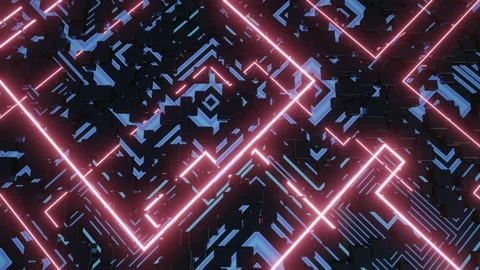 Hi tech pattern on plane surface, neon glow, complex elements and structure. 3d Stock Footage 211883995