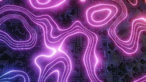 Hi tech pattern on plane surface, neon glow, complex elements and structure. 3d Stock Footage 219965884