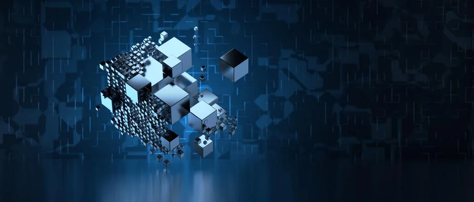 Hi-tech Square blocks are assembled into a cubic array against the background of Illustrazione stock