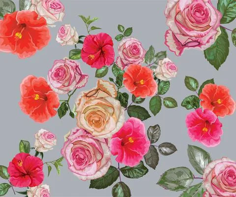 Hibicus and rose seamless pattern vector Illustrazione stock