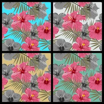 Hibiscus Floral Seamless Pattern Set, Vector Illustration. Tropical Hibiscus イラスト素材