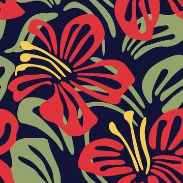 Hibiscus flower tropical textile pattern design in dark blue for fashion an.. Stockillustratie