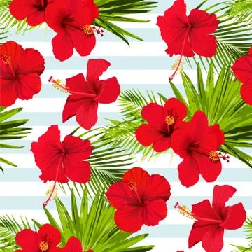 Hibiscus flower vector seamless pattern on a blue stripes background flowered Stock Illustration