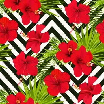 Hibiscus flower vector seamless pattern on a abstract chevron background 스톡 일러스트