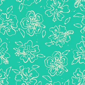 Hibiscus Outline Seamless Pattern Tropical Teal Stock Illustration