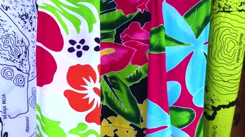 Hibiscus pattern textile at Hanga Roa, Rapa Nui, Easter Island, Polynesia, Stock Footage 289211057