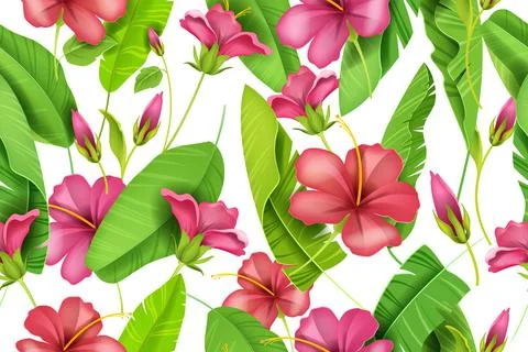 Hibiscus vector floral seamless pattern, red petals, Hawaii summer texture 스톡 일러스트