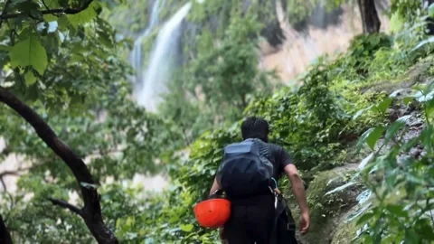 Hicker boy in the forest climbing mountain view from backside. Stock Footage 285927343