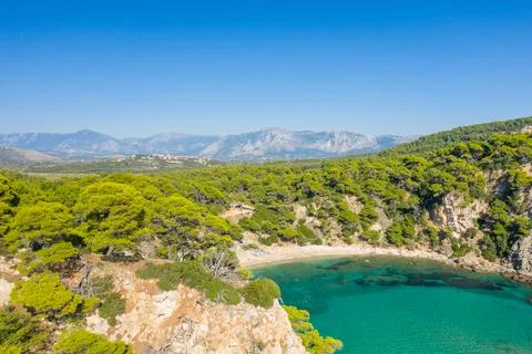 Hidden beach and pine forest, Alonaki Fanariou Stock Photos