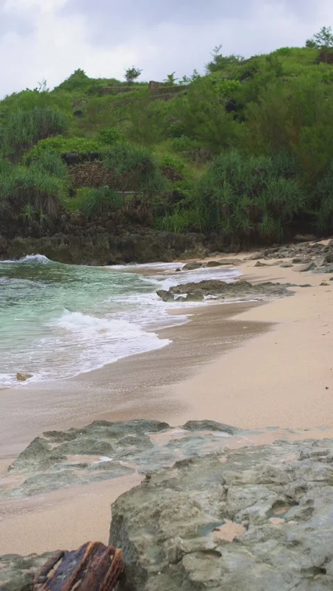 A hidden beach view featuring blue skies, white sand, and big waves. Stock Footage 324914274