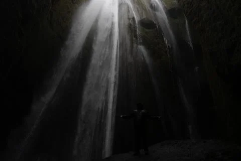 Hidden cave waterfall Gljufrabui in Iceland Stock Photos