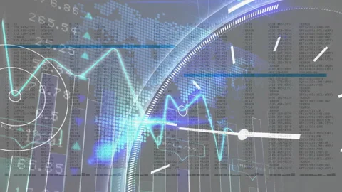 Hidden data launching cyan line graph rising bars shifting clock hand advancing Stock Footage 310283202