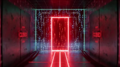 Hidden doorway revealing computer code in red room, cyberattack concept, dolly Stock Footage 348154472
