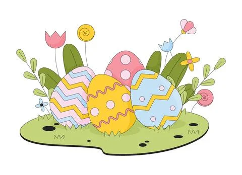 Hidden Easter eggs in grass flowers line cartoon flat illustration Stock Illustration
