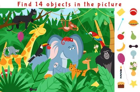 Hidden object puzzle. Kid learning game, find objects in jungle forest. School イラスト素材