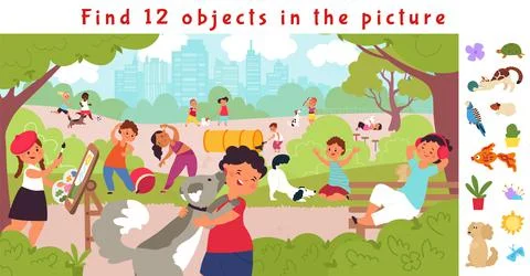 Hidden objects puzzle game. Find object, children lifestyle in park. Fit kids Ilustração Stock
