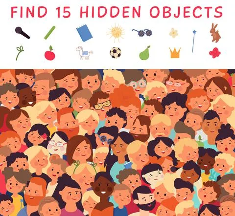 Hidden objects. Search items, find elements on picture. Kids mindful play, logic Stock Illustration